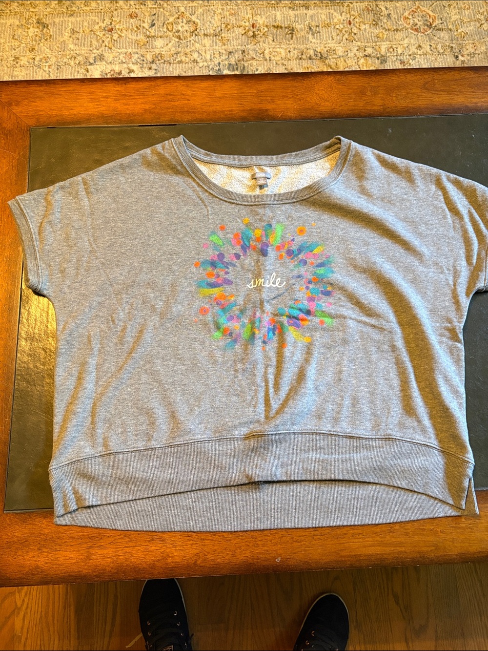 aerie Gray Short-Sleeve Sweatshirt with Multicolor Floral 'smile' Graphic